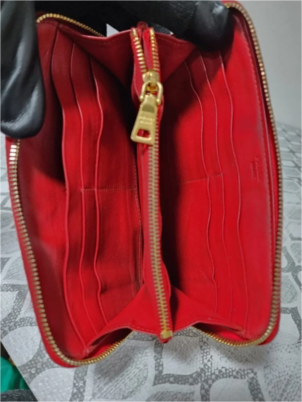 Authentic PRADA Patent Saffiano Triangle Large Zip Around Travel Wallet Red